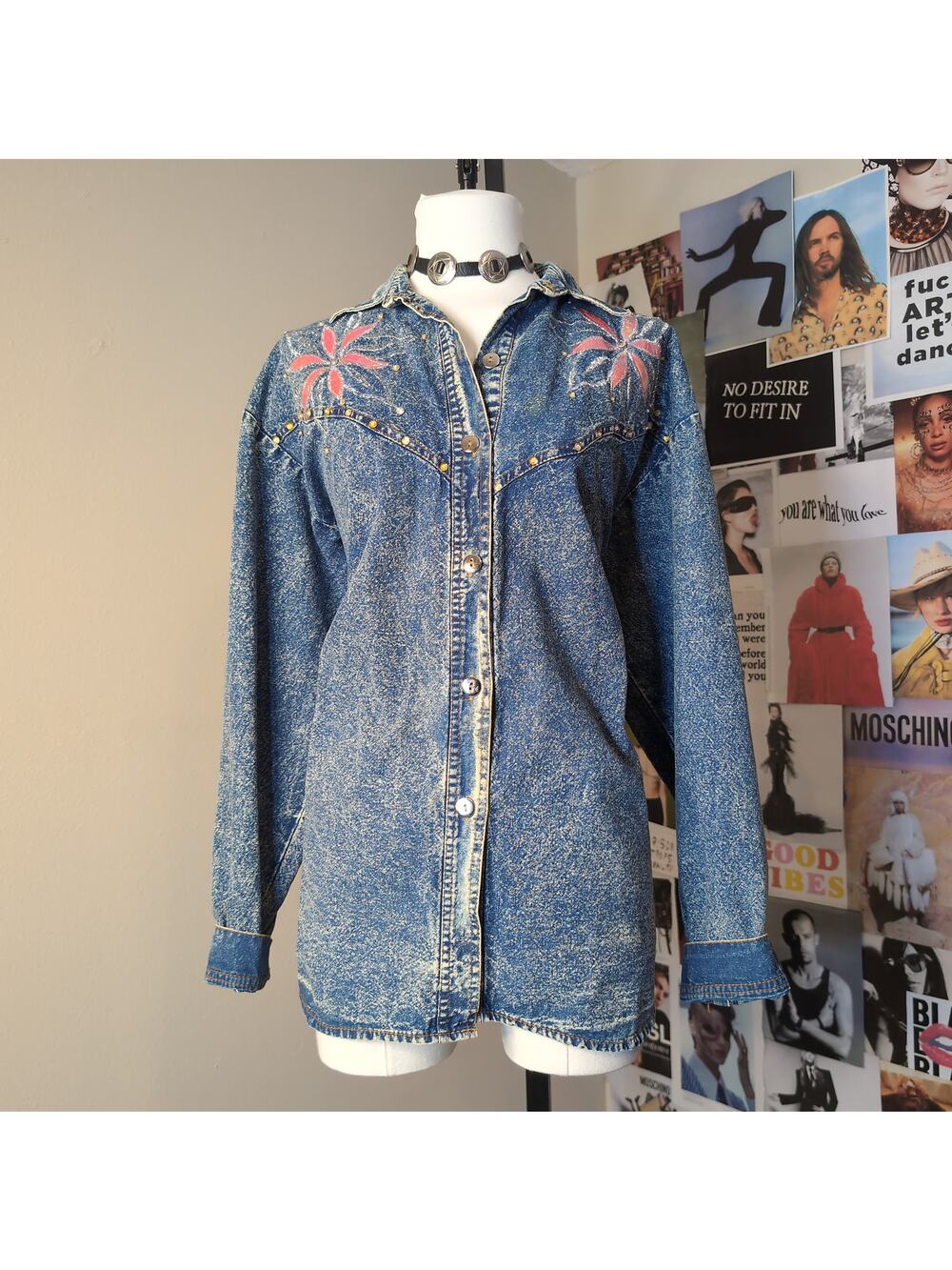 Acid Wash Denim Shirt with Floral Embroidery Western